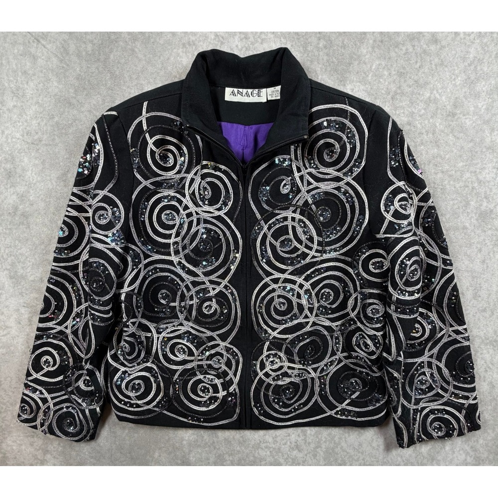 Anage Vintage Womens Medium Jacket Black Silver Sequin Spiral Zip Art To Wear
